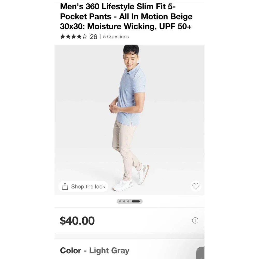 All In Motion Mens 360 Lifestyle Slim Fit 5-Pocket Pants Beige 30x30 UPF 50+